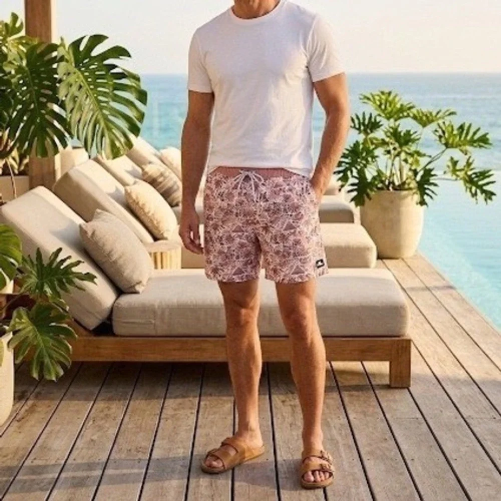 Quiksilver Swim Trunks Mens XL‎ Pink Tropical Palm Print Mesh Lined Board Shorts